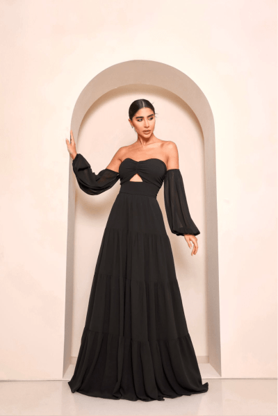 VESTIDO DE FESTA MANGA CIGANINHA PRETO