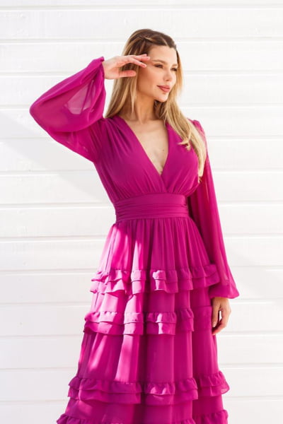 VESTIDO DE FESTA MANGA LONGA ILHA BELA FÚCSIA