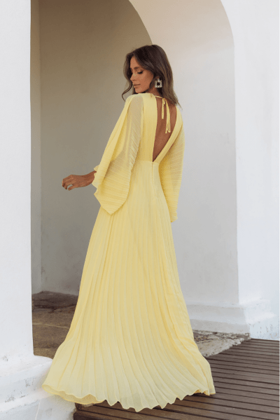 VESTIDO DE FESTA MANGA LONGA PLISSADO VERONA AMARELO