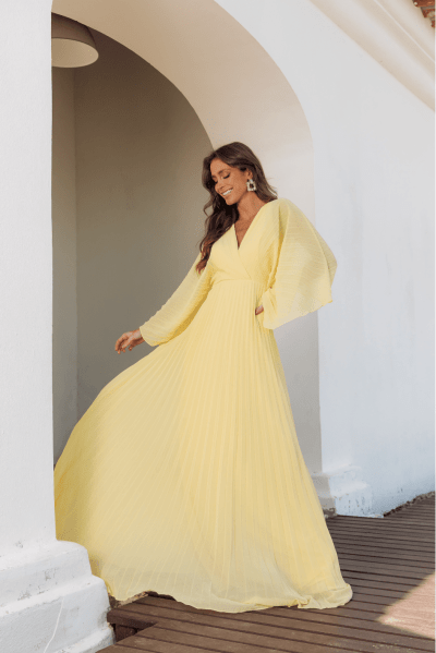 VESTIDO DE FESTA MANGA LONGA PLISSADO VERONA AMARELO