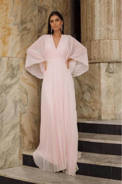 VESTIDO DE FESTA MANGA LONGA PLISSADO VERONA ROSA