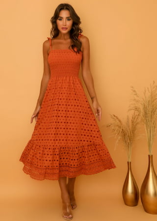VESTIDO EM LAISE LONGUETE TERRACOTA VESTIDO EM LAISE LONGUETE TERRACOTA
