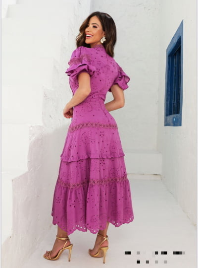 VESTIDO LONGUETE EM LAISE COM GUIPIR ROXO